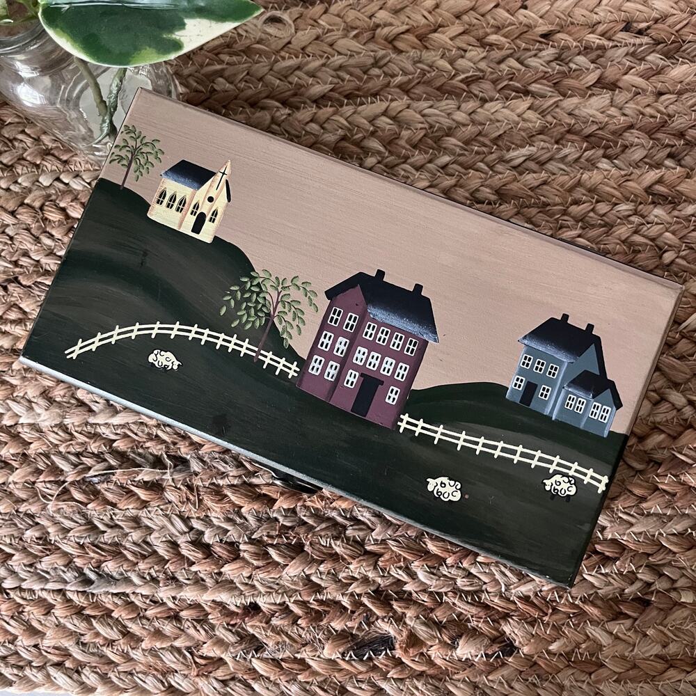 Hand Painted Folk Art Hinged Wooden Box Americana Country Village Scene Sheep